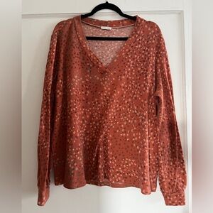 Rust V-Neck Patterned Waffle Knit Long Sleeve